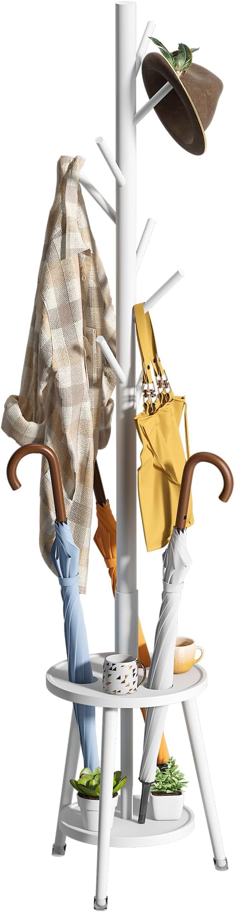 Freestanding Coat Rack with Umbrella Organizer Tray Bamboo Coat Tree Rack with 8 Hook Stand for Clothes Bag Hats Entryway Hanger Stand (Umbrella Tray, White)