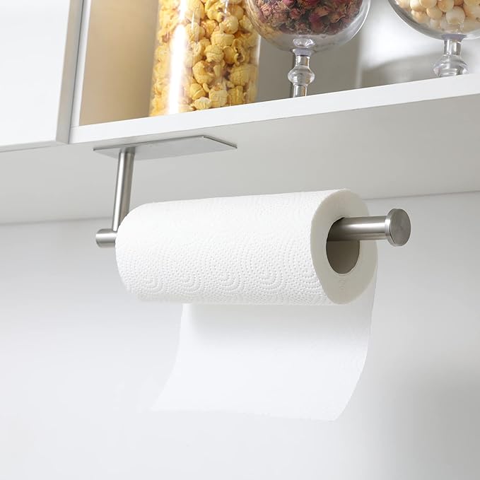 theaoo Under Cabinet Paper Towel Holder for Kitchen, Wall Mount, Silver | Adhesive Paper Towel Roll Rack for Bathroom or Kitchen, SUS304 Stainless Steel, Self-Adhesive or Screw Installation