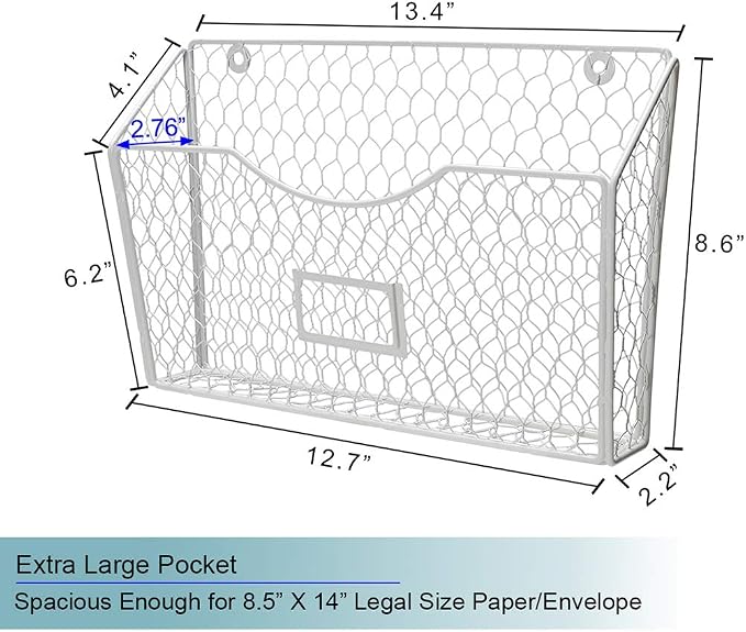 3 Pockets Hanging File Holder Wall Mount Mail Organizer Metal Chicken Wire Magazine Rack with Tag Slot, White