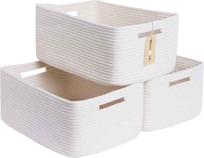 MiniArk Large Storage Baskets for Shelves, 17 x 13 x 7.5” Closet Organizers Bins for Clothes Blanket Towels, Baby Nursery, Toy Baskets Box, Woven Rope Baskets, 3 Packs Off White