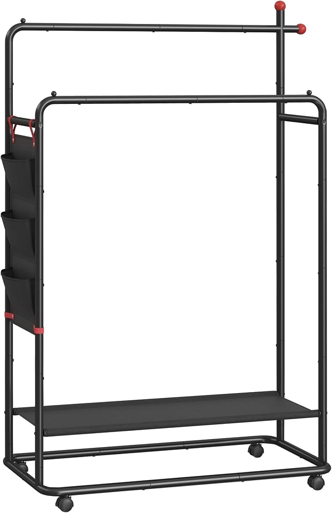 SONGMICS HOME Double-Rod Clothes Rack, Clothing Rack on Wheels, Portable Garment Rack, with 2 Clothes Hanging Rails, Fabric Shelf and Storage Bag, Matchstick-Shaped Hooks, Ink Black UHSR171B01