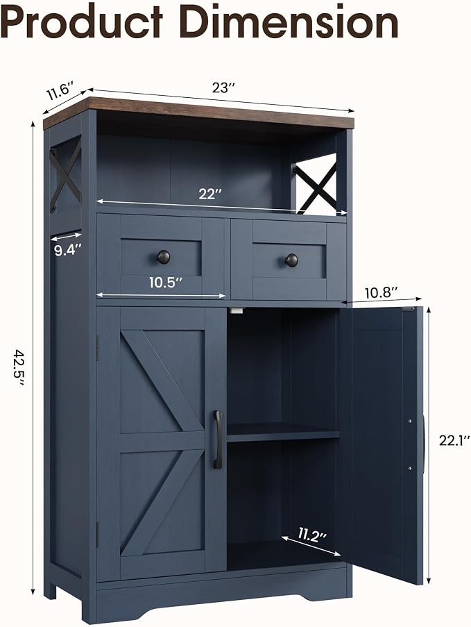 Farmhouse Storage Cabinet Set of 2, Small Kitchen Pantry Coffee Bar Cabinet | Accent Buffet Cabinet Cupboard, 2 Storage Drawers, Barn Doors & Adjustable Shelves, for Kitchen/Entryway/Bathroom, Navy Blue