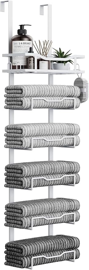 Aetyord Hanging Towel Racks for Bathroom No Drill - Over The Door 6-Tier Bath Towel Storage Organizer for Small Bathrooms - Back Door Large Tiered Towel Holder Hanger for Rolled Towels RV Camper White | 6-Tier Over The Door Bath Towel Storage Organizer...