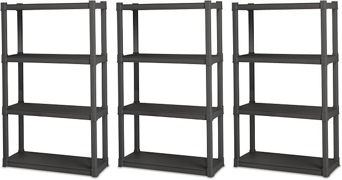 Sterilite 4 Shelf Unit, Heavy-Duty Plastic Utility Storage Rack, 3-Pack | Freestanding Shelving Organizer with 50 lb Capacity Per Shelf for Kitchen, Bathroom, Garage, Basement, Pantry & Laundry Room
