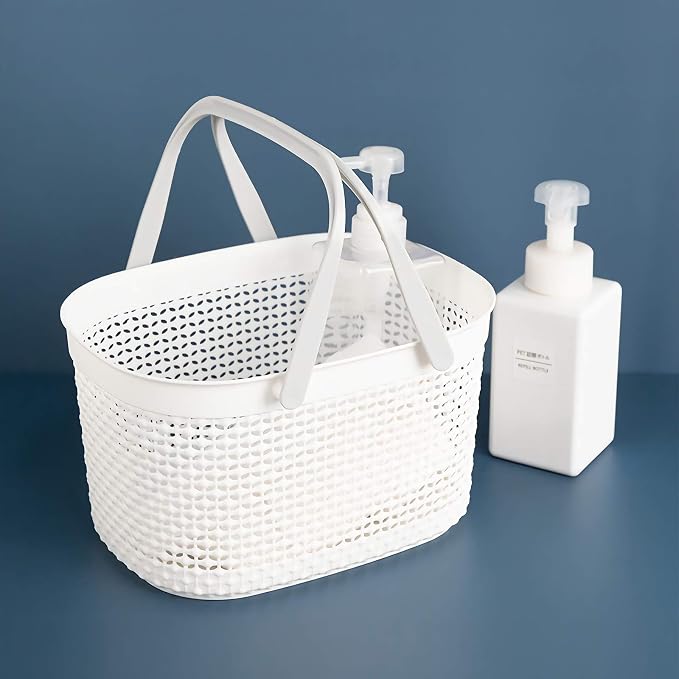 rejomiik Portable Plastic Shower Caddy Basket with Handles, White | Organizer Storage Tote Toiletry Bin for Bathroom, College Dorm Essentials, Kitchen, Camp, Gym