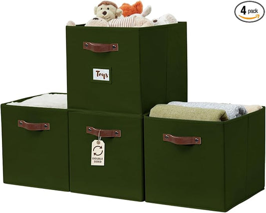 DECOMOMO Storage Bins, Storage Baskets for Shelves | 13" x 15" x 13" Storage Cube Bins with Labels for Organizing Shelves (Kallax, 4pcs, Olive Green)