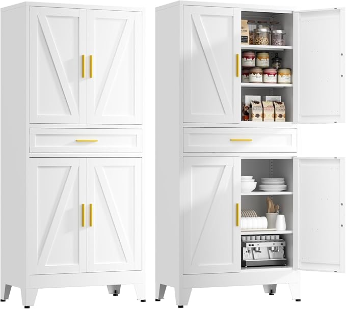 71" Tall Kitchen Pantry Cabinet,Farmhouse Pantry Cabinet,Metal Cabinet with Adjustable Shelves and Drawer,Storage Cabinet for Kitchen Dining Room Garage,White 1 Pack