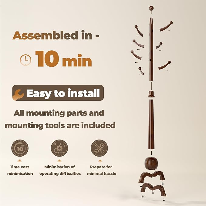 Coat Rack Freestanding with 8 Hooks, Wooden Coat Tree, Walnut | Coat Hanger Stand Heavy Duty with Stable Base, Hall Tree for Entryway Hallway Bedroom Office, 240lbs Load Capacity H:71.7in