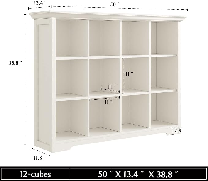 OSCHF 12-Cube Open Bookcase with Base, 3-Tier Wooden Bookshelf, White | Curved Base, Crown Molding, Fits 11×11" Bins, Modern Storage Cabinet for Living Room, Bedroom, Home Office