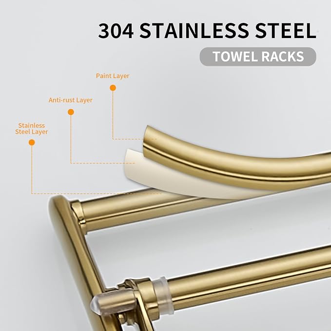24 Inch Brushed Gold Towel Racks, Bathroom Towel Shelf with Foldable Towel Bar Holder and Towel Hooks, Wall Mounted Multifunctional Bathroom Accessories, Double Towel Bars