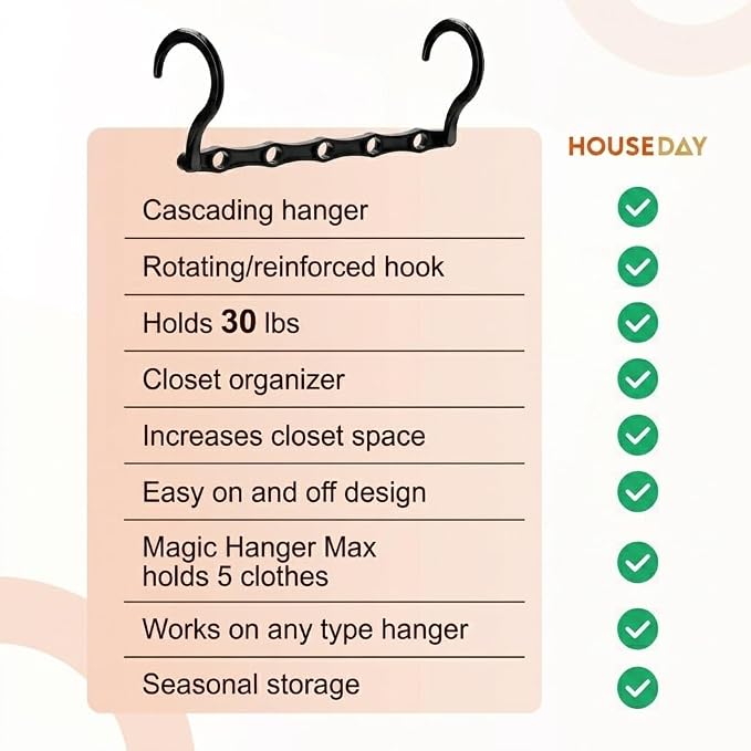 HOUSE DAY 10 Pack Space Saving Hangers, Black, Premium Smart Hanger | Closet Organizers and Storage, Sturdy Cascading Hangers with 5 Holes for Heavy Clothes, College Dorm Room Essentials