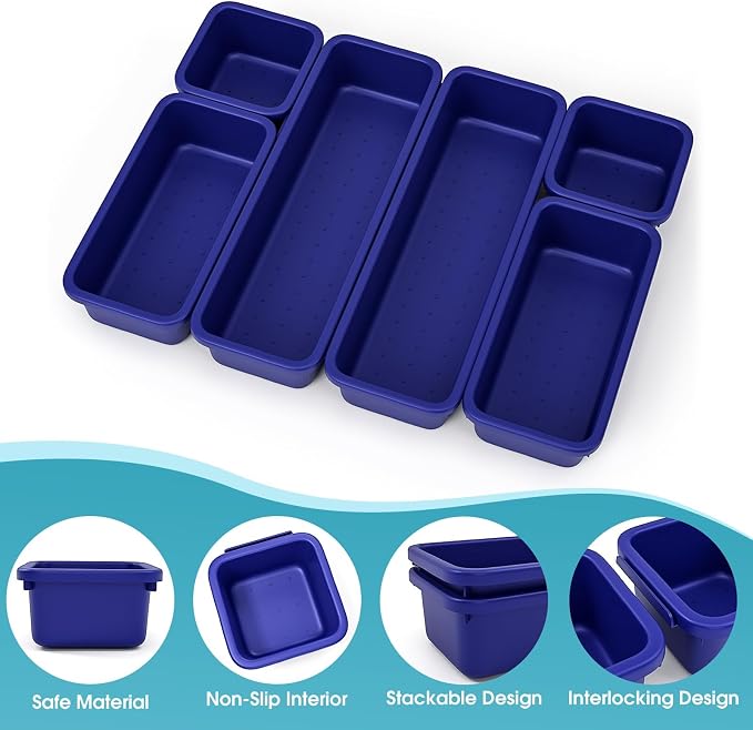6 PCS Drawer Organizer Set, 3 Size Makeup Drawer Divider Organizer With Non-Slip Pads, Interlocking Plastic Storage Bins for Office,Jewelry Vanity,Gadgets, Bathroom,Kitchen, Navy