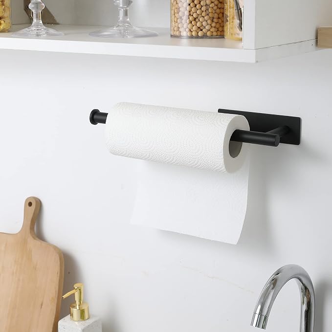 theaoo Under Cabinet Paper Towel Holder for Kitchen, Adhesive, 2 Pack Black | Self-Adhesive or Screw Mount for Cabinets and Walls; Durable SUS304 Stainless Steel Fits Standard and Jumbo Rolls