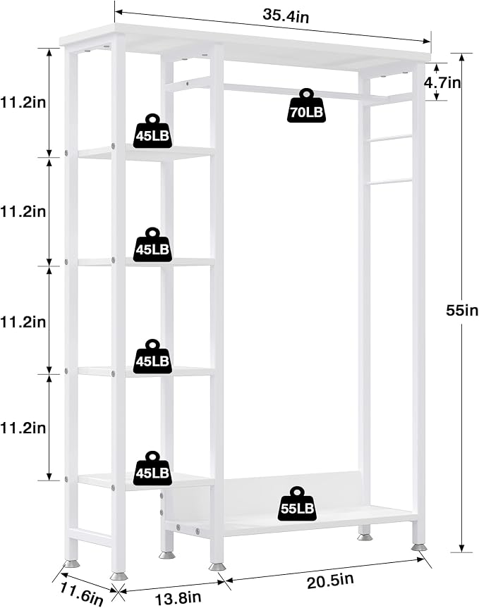 VECELO Open Garment Clothing Rack, Free-Standing Heavy Duty Storage Closet with 5 Shelves and Hanging Rod for Small Spaces, Max Load 350LBS, White