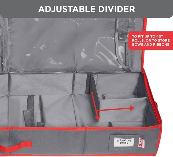 HOLDN’ STORAGE Premium Wrapping Paper Storage Container, Grey/Red Trim | Durable 600D Tear-Proof, Fits 27 Rolls Gift Wrap, Extra Pockets for Ribbons & Bows, Underbed Storage