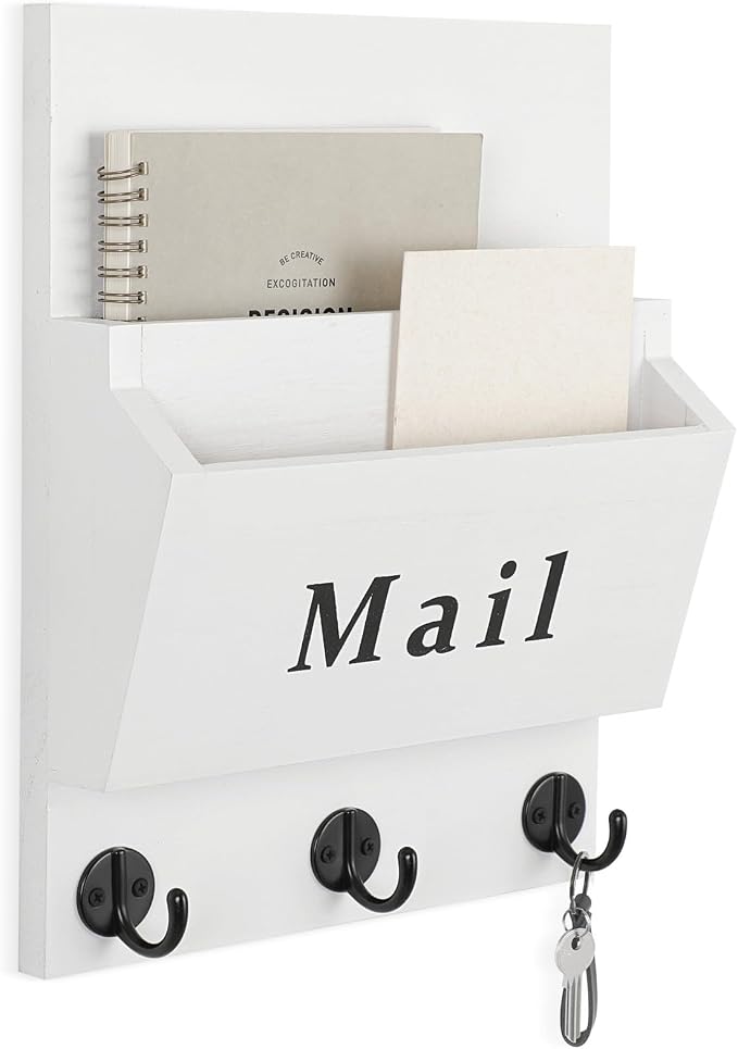 Mail and Key Holder, Wall Key Holder with 2 Mail Organizer Slot and 3 Hooks | Decorative 8.86" x 11.42" Mail Holder, Real Paulownia Wood with Keyhole Brackets, Hardware and Instructions