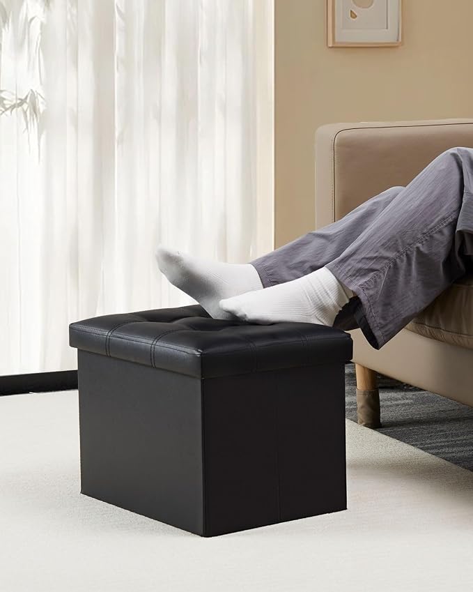 Bsketa 2PC Storage Ottoman, Folding Foot Stool with Thicker Foam Padded Seat Small Leather Storage Ottoman Bench Foot Rest for Living Room Foldable Coffee Table 17x13x13in,Black | Ottoman with Storage, Thicker Foam Padded Seat, Living Room, Dorm, Bedro...