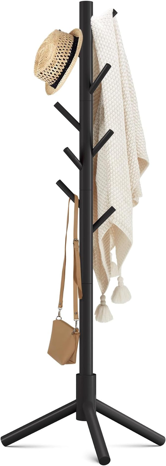 Haddockway Wooden Coat Rack Stand with 8 Hooks New Zealand Pine 3 Adjustable Coat Standing Tree Easy Assembly for Coats, Hats, Scarves and Handbags for Entryway, Hallway, Bedroom, Office