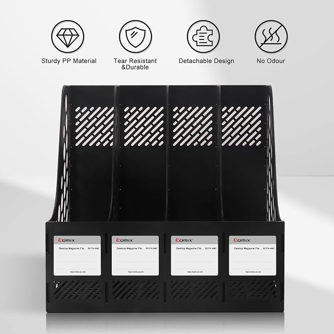 Comix Magazine File Holder 4 Compartment Desk Organizer, Black | Plastic 4 Slot Magazine File Organizer, Holds Binders, Books & Folders, Blank Label for Easy ID.