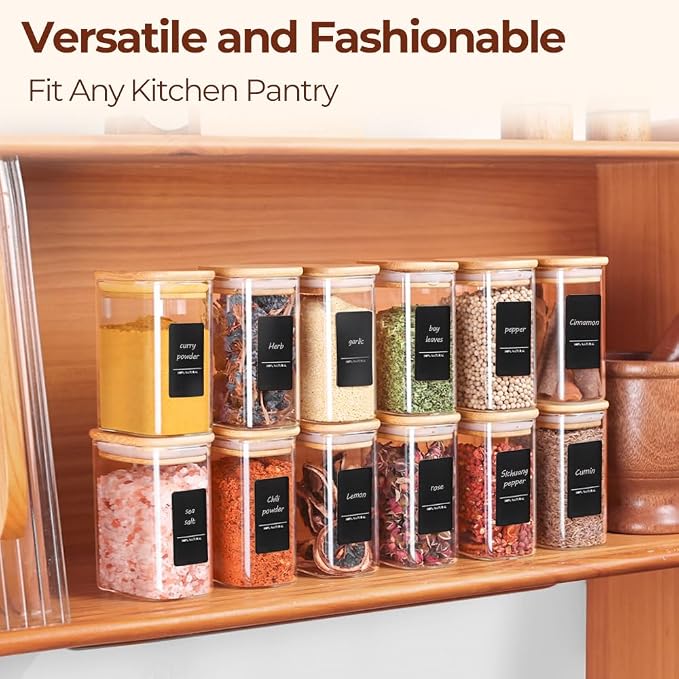 ComSaf Spice Jars 8oz Set of 6, Small Seasoning Containers with 9 Labels | Small Glass Jars With Labels, Empty Rectangle Canisters, Spice Rack Organization, Loose Tea, Herb, Powder, Dry Good, BPA Free