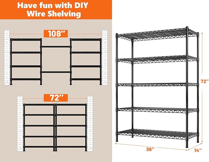 REIBII 72''H Metal Shelving 5-Tier Storage Shelves,1100lbs, Kitchen Pantry | Adjustable wire shelves,220 lbs/shelf, safety locks,adjusatble leveling feet,tool-free setup,fits garage, bathroom,commercial