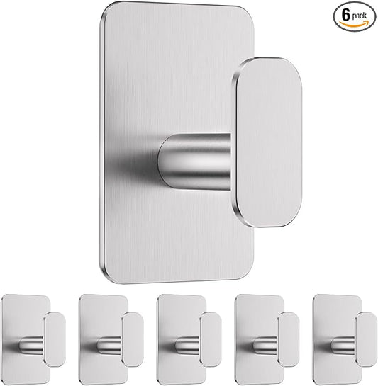 Large Heavy Duty Wall Hooks - 26lb Max, Stainless Steel Adhesive Towel Hooks for Hanging Towel, Coat, Robe, Hat, Sticky Towel Holder for Wall Mount in Bathroom, Shower, Kitchen(Silver, 6 Pack)