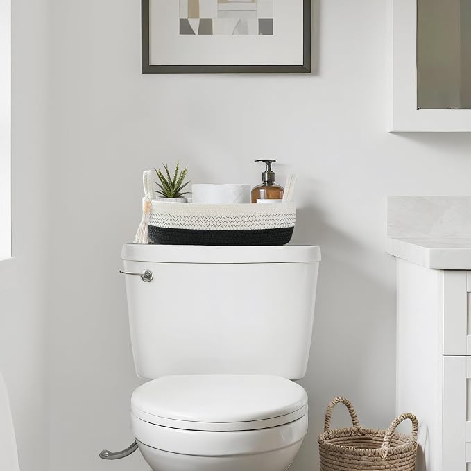 Mkono Toilet Paper Basket, Boho Bathroom Decor, Small Storage Organizer | Black and White, 13"L x 6"W, Back of Toilet Basket, Decorative Woven Tray with Handles, Space-Saving, Living Room Bedroom
