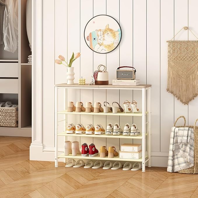 INGIORDAR 4 Tier Shoe Rack Storage Organizer Shelf Top with MDF Board | Space-Saving,with 3 Layer Fabric,stores 16+Pairs of Shoes for Closet,Entryway,Bedroom,Living Room Garage,White