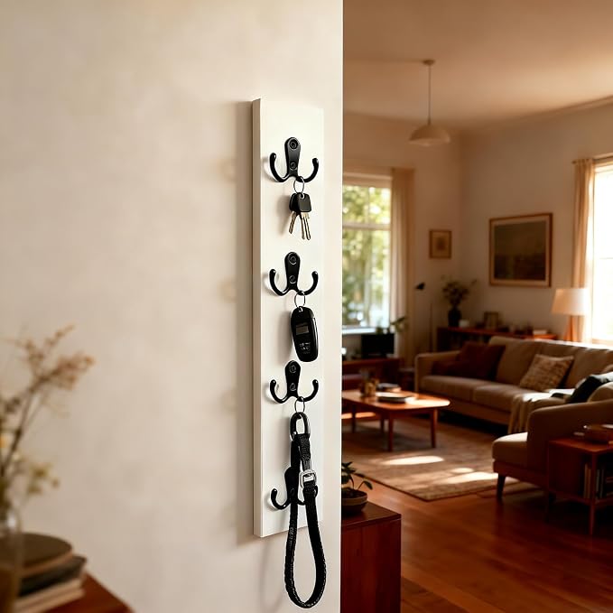 Vertical Key Holder for Wall Mounted Vertical Wooden Key Rack Organizer with Hooks-Space-Saving Key Rack for Apartment, Dorm, RV, Leash & Coat Hanger (White)