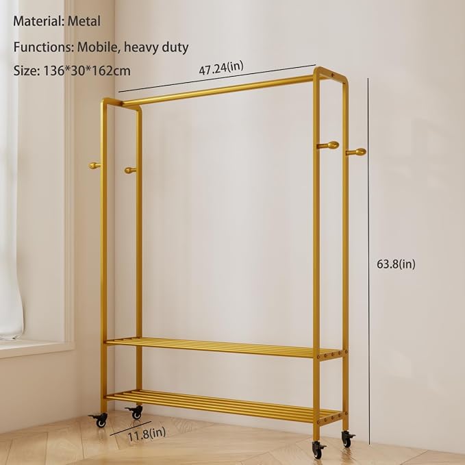 Gold Rolling Garment Rack with Shelves and Hooks,Freestanding Metal Clothing Rack with Wheels,Modern Clothes Hanging Rack for Bedroom,Closet,Boutique Display
