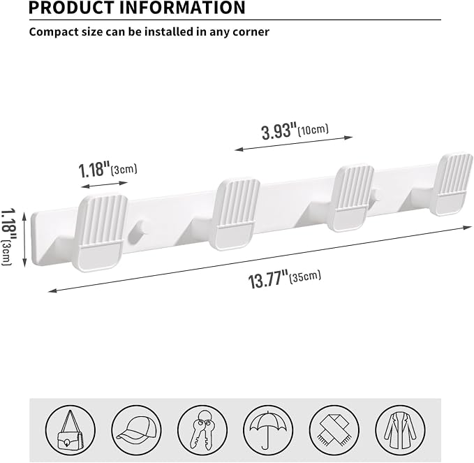 Coat Rack Wall Mount Coat Hooks - White Hook Rack with 4 Hooks Aluminum Wall Rack Hooks for Hanging Coat Hat Bag Towel Hanger Rustproof Coat Holder