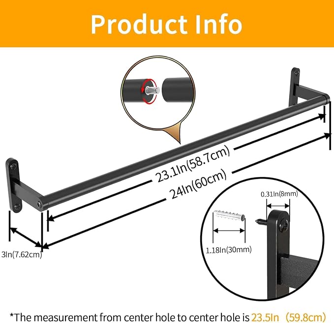 KLJKPA Towel Bar for Bathroom, 24 Inch Wall Mounted Towel Rack, Black | Heavy Duty Single Towel Rod, Space-Saving Hand Towel Holder, Toilet Kitchen Towel Storage, Rustproof, Stainless Steel