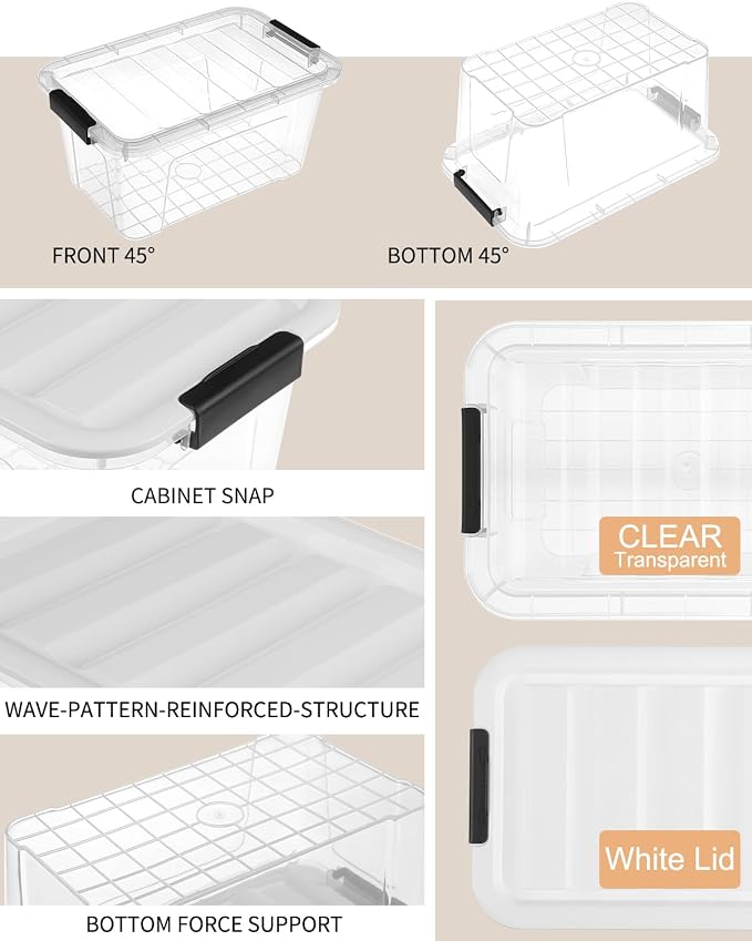 EOENVIVS Plastic Storage Bins with Lids 6 Pack, 7 Quart Storage Containers With Black Buckle Latch, Stackable Storage Organizers for Home Pantry Office Classroom Organization, Clear