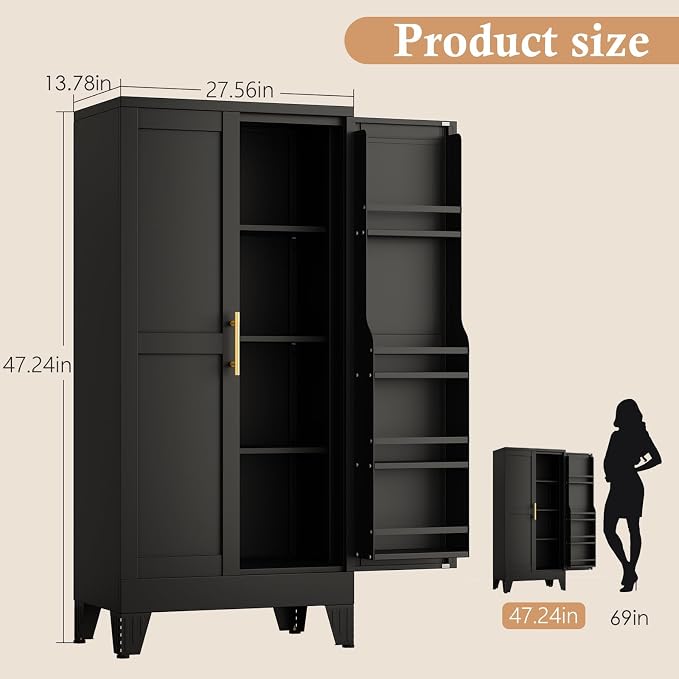 48" H Metal Kitchen Pantry Storage Cabinet, Freestanding Cupboard Storage Cabinet with Doors and Adjustable Shelves, Large Stand Up Food Cupboard for Living Room, Dinning Room, Black