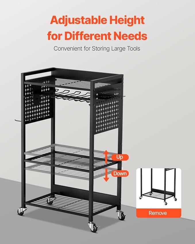 VEVOR 4-Tier Tool Organizer Cart, 150 lbs Load Capacity, Floor Stand Rolling Drill Holder and Stability Storage Rack, Heavy Duty Garage Floor Rolling Storage Cart for Workshop, Garage, Black