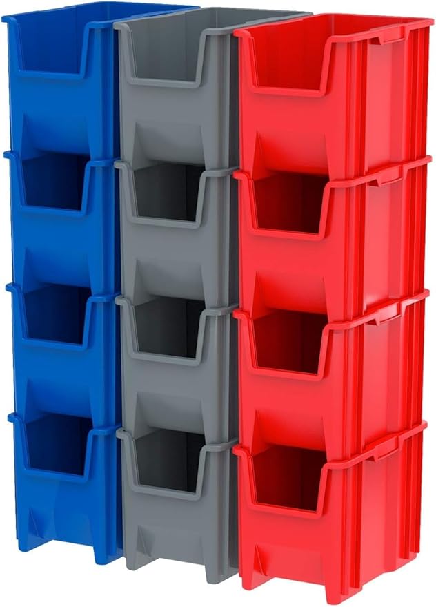 Akro-Mils 13014 Stak-N-Store Stackable Storage Bins, Heavy Duty Garage Storage Containers, Open Front Plastic Organizer for Tools, Shelves, Closet Organizer, 17-/12" x 11" x 12-1/2", Grey, 4-Pack