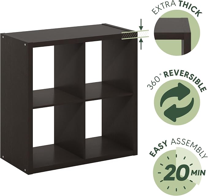 Furinno CUBICLE 4-Cube Book Shelf, Extra Thick Frame Bookshelf, Dark Oak | 14.6" x 30" x 30", Reversible Bookcase with Open Back, for Living Room, Bedroom, Home Office