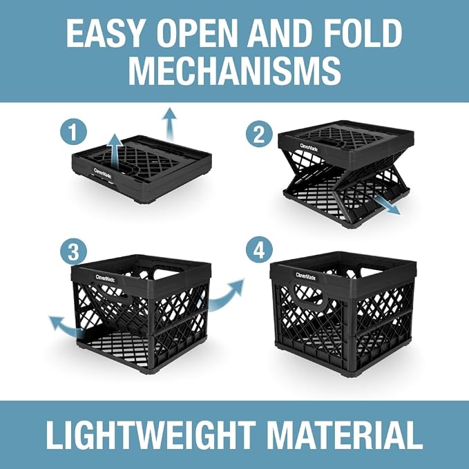 CleverMade Collapsible Milk Crate, 25L, 50 lb, Obsidian | Built-in rails hold letter-size hanging files. Interlocking crates stack open or folded and carry up to 50 lb each.