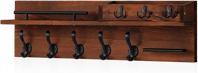 29" Wooden Wall Mounted Coat Rack with Shelf - 5-in-1 Entryway Organizer with 8 Hooks (5 Coat Hooks + 3 Key Hooks), Mail Holder & Display Shelf & glasses Hanger for Doorway, Bedroom, Garage Entrance