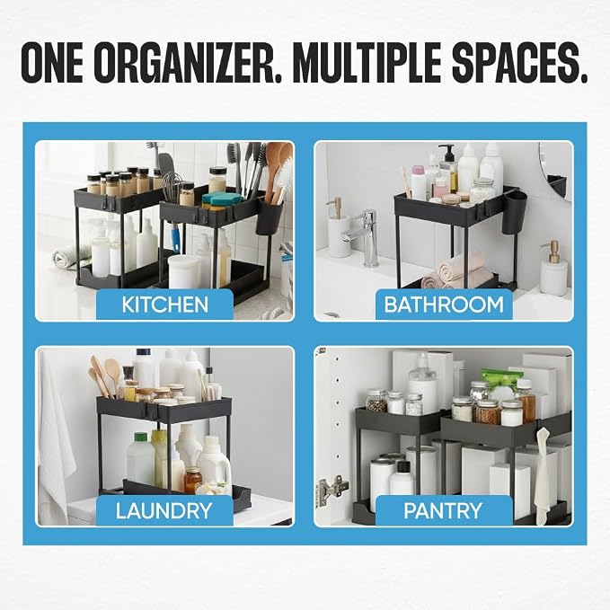 Undersink Organizer, 2-Tier Under Sink Storage Rack with Sliding Drawers for Kitchen Bathroom Cabinets, Pull Out Organizer for Pantry, Laundry Room & Closet Organization - 2 Pack, Black