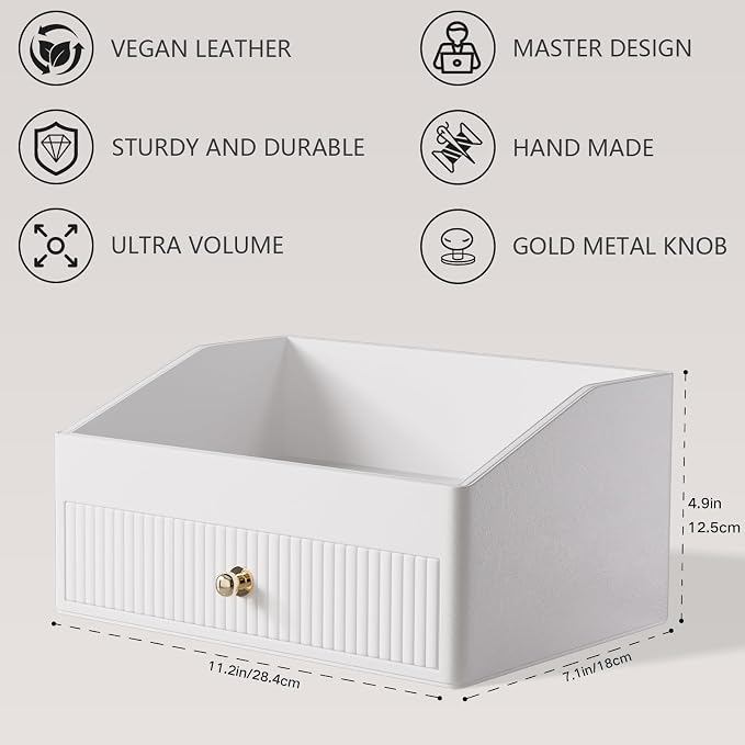 LADSTAG Makeup Organizer,Leather Skin Organizer with 1 Drawer&Tray,Luxury Beige White Makeup Storage for Perfume,Bedroom,Bathroom,Gifts for Women,Womens Gifts (White, 1-Drawer)