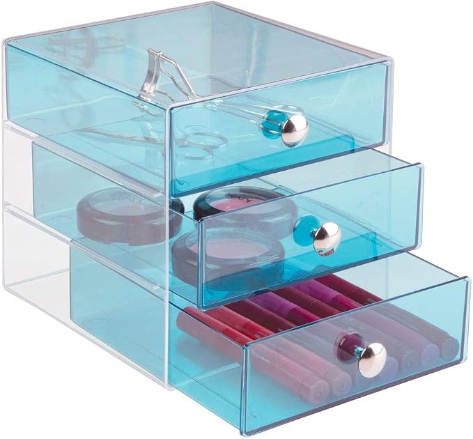 iDesign 3-Drawer Vanity Organizer, Aqua, 6.5" x 6.5" x 6.5" | BPA-Free Plastic