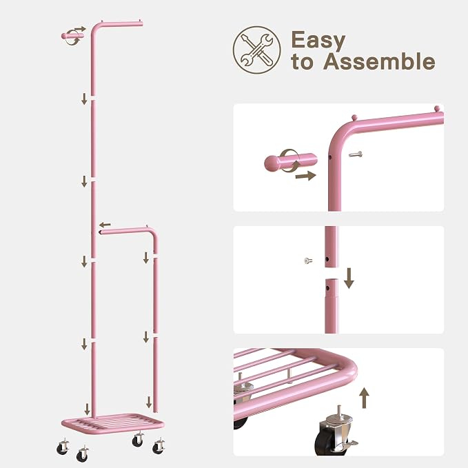 Small Rolling Clothing Rack with Shelf, Narrow Clothes Rack with Wheels | Gasvadivum 71" Tall Sturdy Metal Garment Rack with Hanging Rod, Freestanding Portable Coat Rack for Bedroom, Entryway, Pink