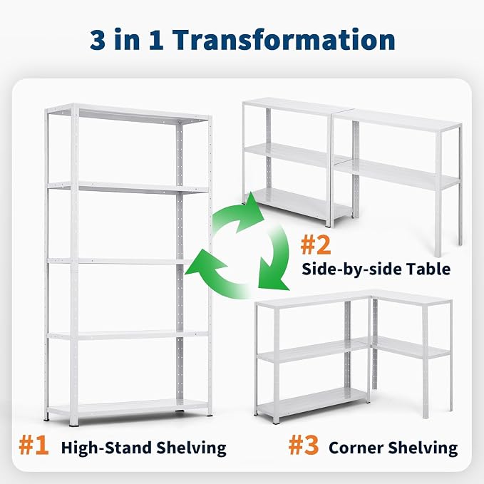 Storage Shelves, Heavy Duty Garage Storage Shelves 5-Tier Metal Shelving Unit for Kitchen Pantry Basement Bathroom Laundry, Adjustable Shelving, 2500 LBS Capacity, 35.4" L x 12" W x 68" H