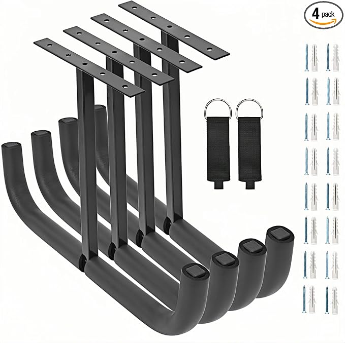 Overhead Garage Storage Hooks, Heavy Duty Double Ceiling Rack for Lumber Ladder Bikes Tires & Other Bulky Items (4)