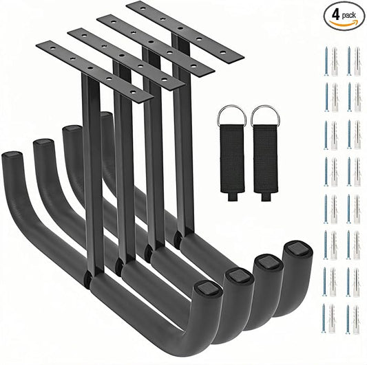 Overhead Garage Storage Hooks, Heavy Duty Double Ceiling Rack for Lumber Ladder Bikes Tires & Other Bulky Items (4)