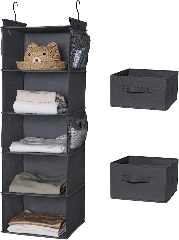 MAX Houser 5 Tier Shelf Hanging Closet Organizer, Cloth Hanging Shelf with 2 Sturdy Hooks for Storage, Foldable (Grey-D2)