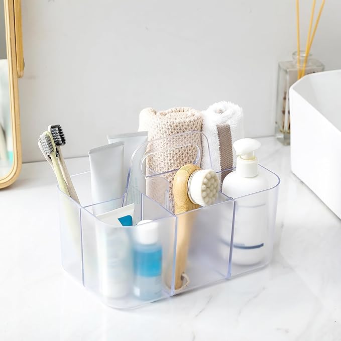 Multiuse Caddy Organizer with Handle, Portable Plastic Tote Bin - Art Craft, Stationary Pen Marker Crayons, Makeup Hair Supplies Storage - Bathroom, Classroom, Dorm, Office, Desk Holder -Frosted Clear