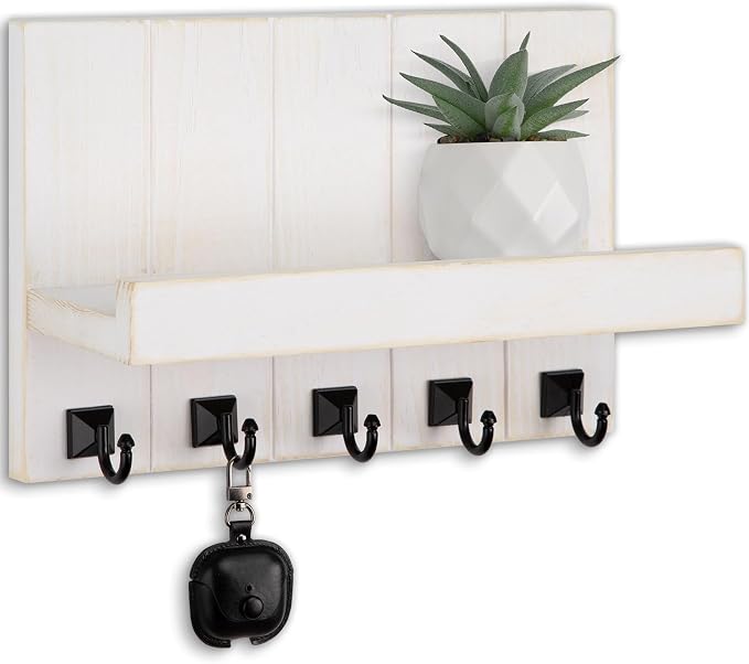 Key Holder for Wall, Decorative Key Holder with Shelf, Key and Mail Holder Wall Mount, Farmhouse Decor with 5 Key Hooks for Keys, Coats, ect.