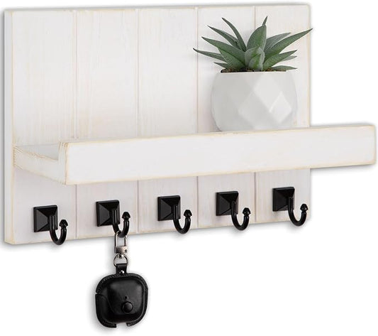 Key Holder for Wall, Decorative Key Holder with Shelf, Key and Mail Holder Wall Mount, Farmhouse Decor with 5 Key Hooks for Keys, Coats, ect.